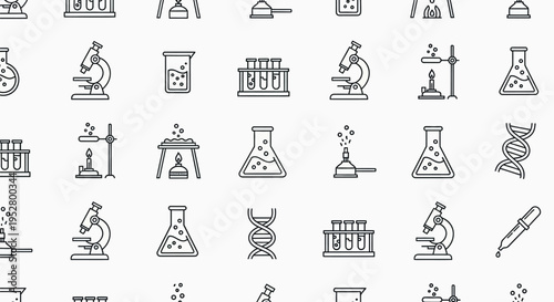 Science laboratory equipment icons pattern featuring microscopes test tubes flasks and dna strands for educational materials and medical research design