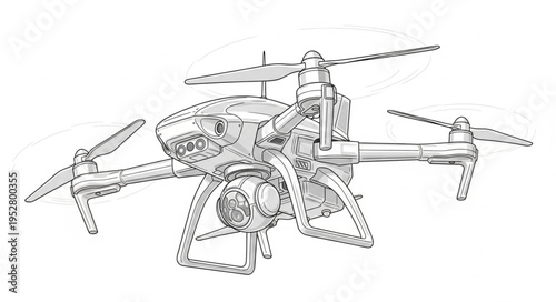Detailed illustration of a modern drone with multiple propellers and camera system.