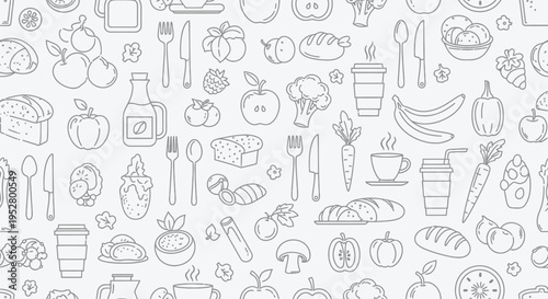 Seamless food pattern with hand drawn style for background, healthy eating, cooking, or grocery store, simple line art style