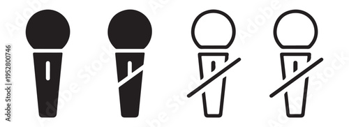 Mute and unmute handheld microphone icon set, collection of sound recording signs isolated on white background