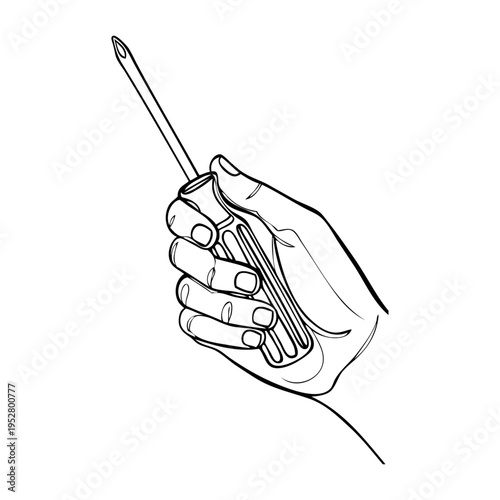 Logo men at work. Dibujo sencillo con líneas de una mano sujetando un destornillador 