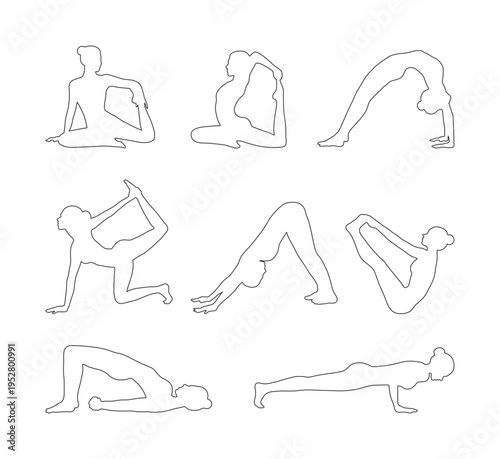 Set of yoga poses and silhouettes in thin line art style. Minimalist vector illustration of women practicing various hatha yoga asanas for health, fitness, and meditation designs.