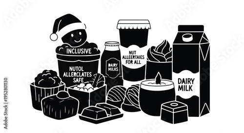 Christmas holiday food products and dairy milk cartons are arranged together as a festive collection of treats.