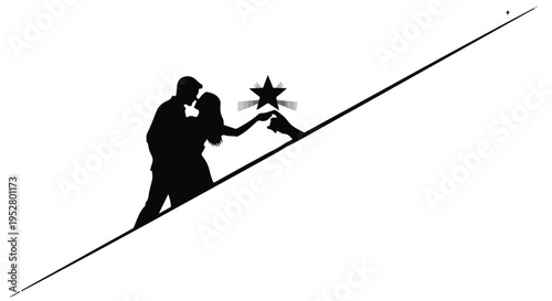 Couple silhouette stands on a diagonal line reaching toward a star in this conceptual romantic illustration.