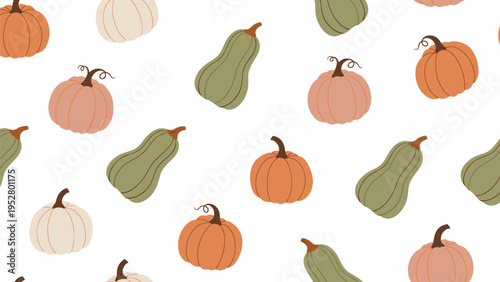 Seamless pattern with various autumn pumpkins and squashes on white background, harvest season, farm, thanksgiving theme
