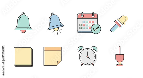 Colorful office supplies and icons.