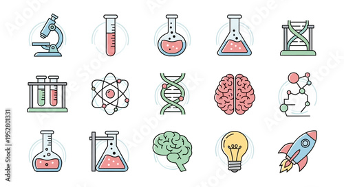 Science icons and laboratory equipment symbols.