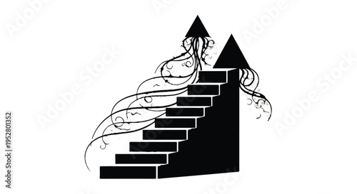 Staircase leading to geometric peaks is decorated with intricate flowing filigree lines in a stark minimalist design.