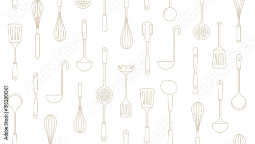 Kitchen utensil outline pattern assorted cooking tools whisks spatulas ladles forks seamless background texture beige line art