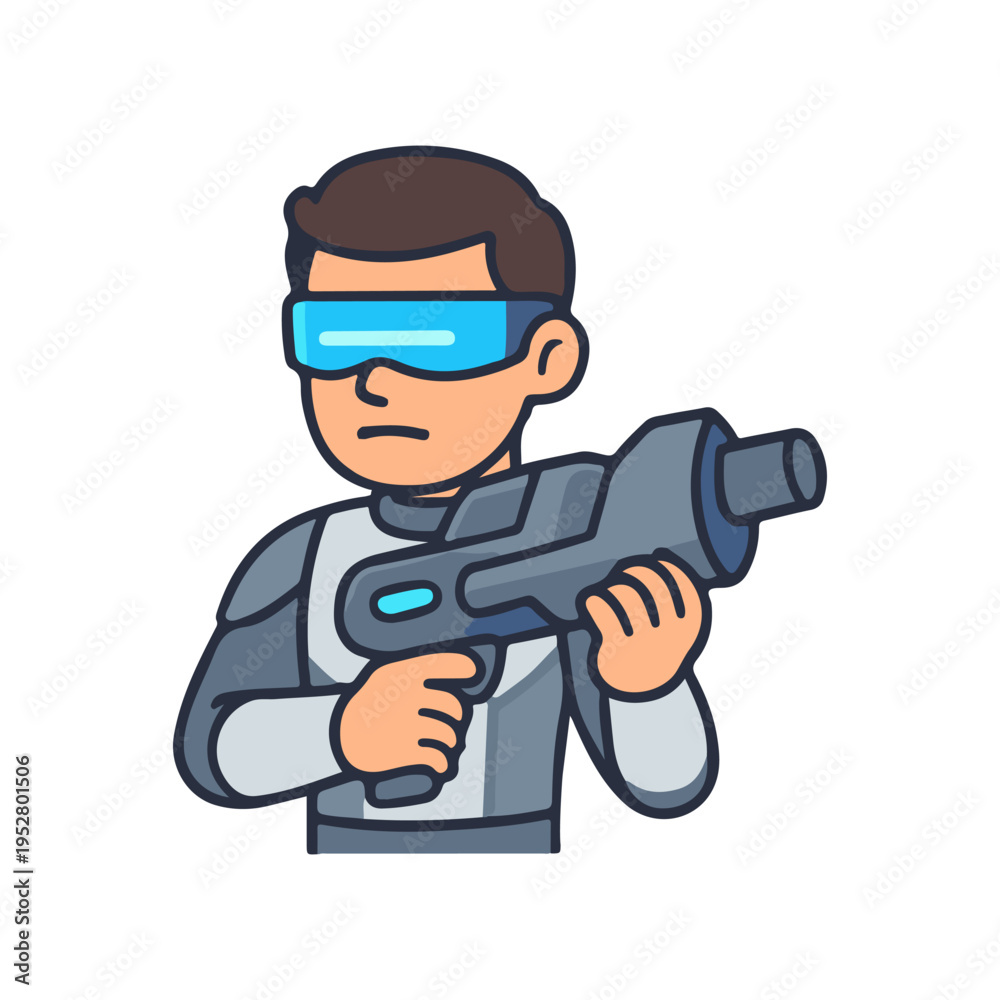 Fototapeta premium Futuristic soldier holding sci-fi weapon. Cyber warrior aiming blaster gun. Future tech fighter with visor