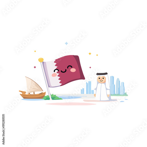 Qatar Culture Cartoon Illustration With Qatari Flag Traditional Boat And City Skyline. Cute Qatar Travel Icons Featuring National Flag Dhow Boat Arab Character And Modern Landmarks