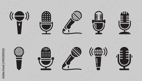 Collection of black and white microphone icons with sound waves, perfect for podcast and audio recording concepts