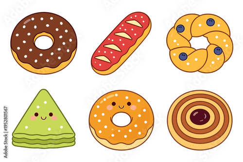Collection of delicious pastry and bakery products including donut, baguette, pretzel and crepe in flat vector style for food menu and cafe decor
