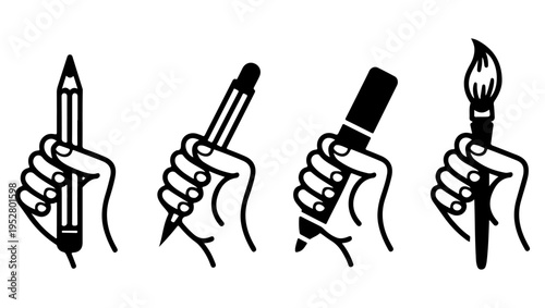 Hands holding artistic tools pencil pen marker and paintbrush