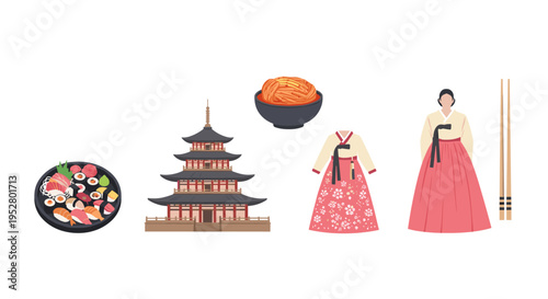 East Asian cultural elements including traditional clothing, delicious cuisine, and iconic architecture are beautifully arranged in a vibrant collection.