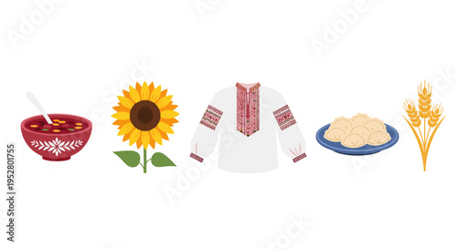 Traditional Ukrainian cultural symbols including borscht, sunflower, vyshyvanka, varenyky, and wheat, representing the rich heritage and national identity.