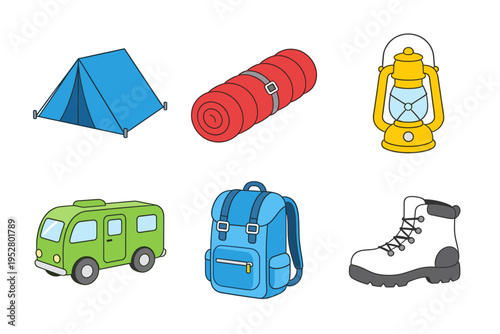 Set of camping and outdoor adventure equipment icons including tent sleeping bag lantern caravan backpack and hiking boot vector illustration collection