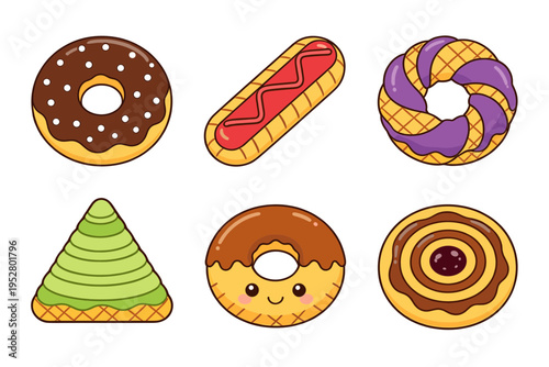 Assorted delicious donut and pastry collection with different shapes flavors and toppings including chocolate and strawberry glazes flat vector design