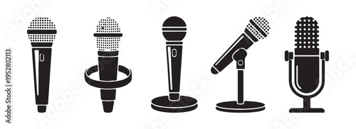 Set of black microphone icons for podcasting audio recording and music studio equipment on white background