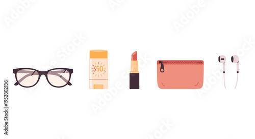 Everyday personal accessories collection including eyeglasses, sunscreen, lipstick, pouch, and earbuds, neatly arranged in a flat lay style for daily essentials.