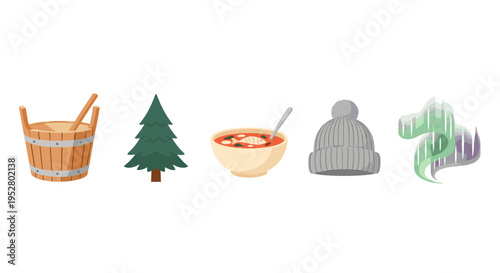 Cartoon style illustrations of Nordic cultural symbols and winter elements including a sauna bucket, fir tree, fish soup, warm hat, and aurora borealis.