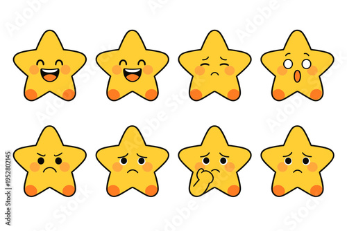 Set of golden star emoticons with different facial expressions including happy sad angry and surprised, flat vector illustration for rating and feedback
