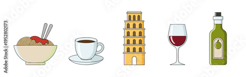 Italian food and culture symbols are depicted in a charming vector illustration representing popular elements of the country's rich heritage.