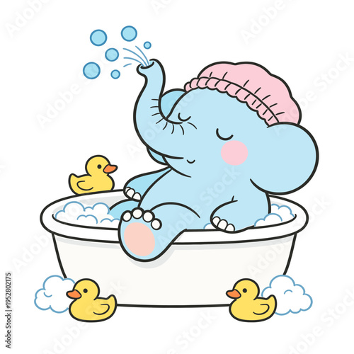 Cute baby elephant taking a bubble bath with yellow rubber ducks in a tub, flat vector illustration for bathroom decor and hygiene education for children