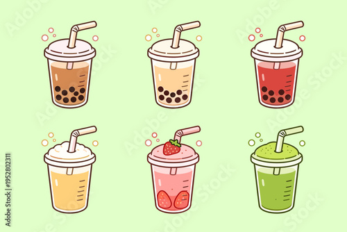 Assorted bubble milk tea and fruit smoothies in plastic takeaway cups with straws and bubbles in flat vector style for cafe menu design