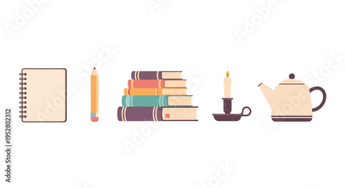 Notebook, pencil, books, candle, teapot are neatly arranged in a flat vector illustration symbolizing learning, reading, and relaxation.