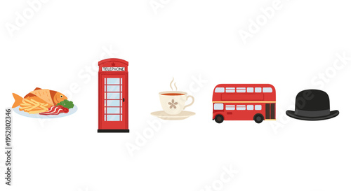 British cultural icons collection featuring traditional food, a classic red telephone booth, a double-decker bus, a cup of tea, and a bowler hat.