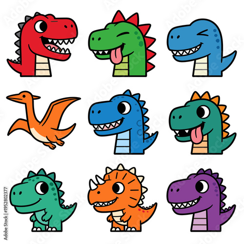 Set of colorful cute dinosaur heads and profiles including rex and pterosaur in flat vector style isolated for kids party and apparel design