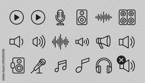 Set of audio and sound icons. sound wave sign, play button, music notes, headphone, sound off, megaphone
