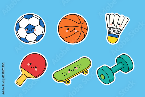 Colorful sports equipment icons with happy faces including soccer, basketball, skateboard, and dumbbell, cute kawaii flat vector set for fitness