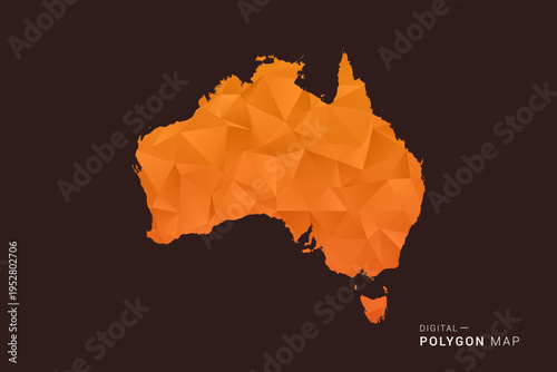 Australia Map - low poly polygon vector, geometric triangulated silhouette in orange and dark brown tones, clean modern infographic style, isolated background.