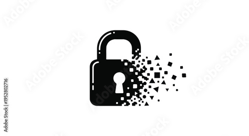 Padlock symbol disintegrating into digital pixels illustrates cybersecurity threats and data loss.