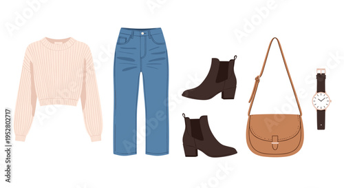 Collection of women's stylish autumn clothing and accessories, featuring a cozy sweater, blue jeans, ankle boots, and a fashionable cross-body bag.