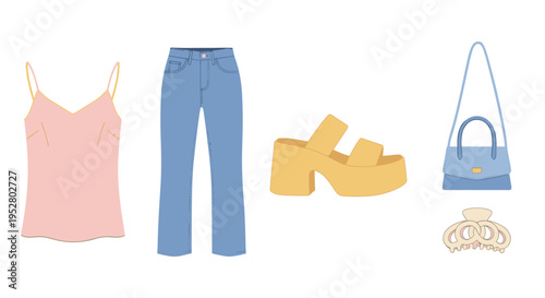 Stylish collection of women's fashion items, including a pink camisole, blue jeans, yellow platform sandals, a light blue shoulder bag, and a beige claw clip, perfect for a trendy summer look.