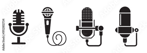 Microphone icons set. voice recording equipment. dynamic microphone, condenser mic, broadcast, flat vector