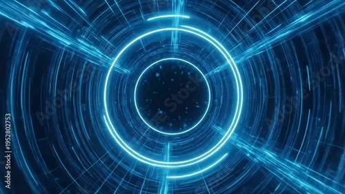 Futuristic blue neon light circle tunnel.