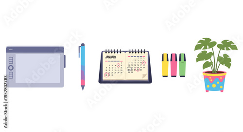 Various creative and office supplies are neatly arranged in a flat lay style, including a graphic tablet, calendar, highlighters, and a potted plant.