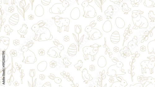 Easter seamless pattern with outline rabbits sheep chickens eggs and spring flowers on white background delicate holiday celebration decorative wallpaper