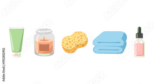 Various self-care spa beauty items and accessories are neatly arranged in a row, representing a collection of relaxation and personal hygiene essentials.