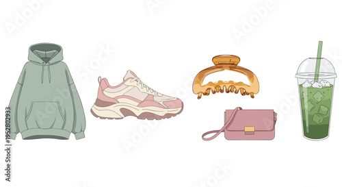 Trendy fashion and lifestyle accessories collection displayed together, featuring a green hoodie, pink sneakers, a hair clip, a shoulder bag, and an iced drink.