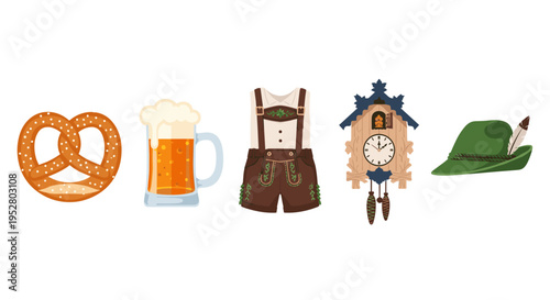 Traditional German Bavarian cultural items and symbols including a pretzel, beer mug, lederhosen, cuckoo clock, and hat, representing festive traditions.