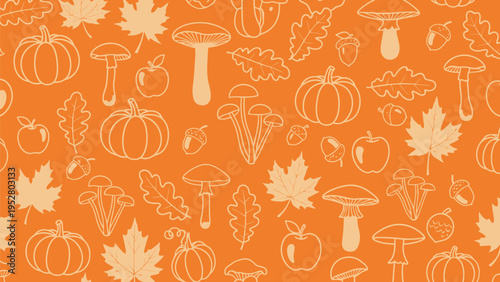 Autumn harvest pattern with pumpkins, mushrooms, apples, acorns, and leaves, graphic illustration, autumnal nature seamless background