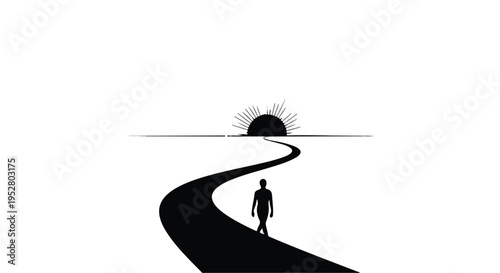 Person walking along a winding road toward a rising sun on the horizon represents a journey.