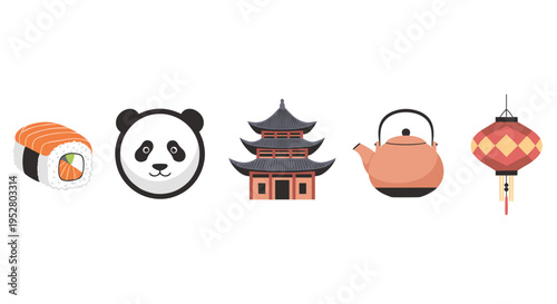 Asian cultural elements collection featuring sushi, a panda, pagoda, teapot, and lantern, representing traditional symbols and cuisine.