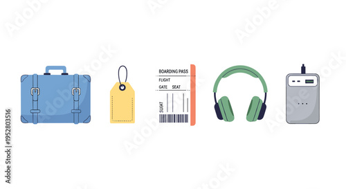 Travel essentials collection includes a blue suitcase, yellow luggage tag, boarding pass, green headphones, and a power bank, representing items needed for a journey.