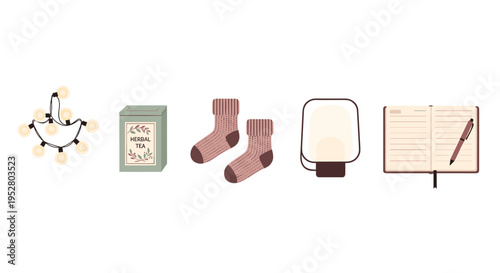Various cozy home objects for a relaxing evening, including warm knitted socks, a box of herbal tea, a glowing lamp, and a journal.